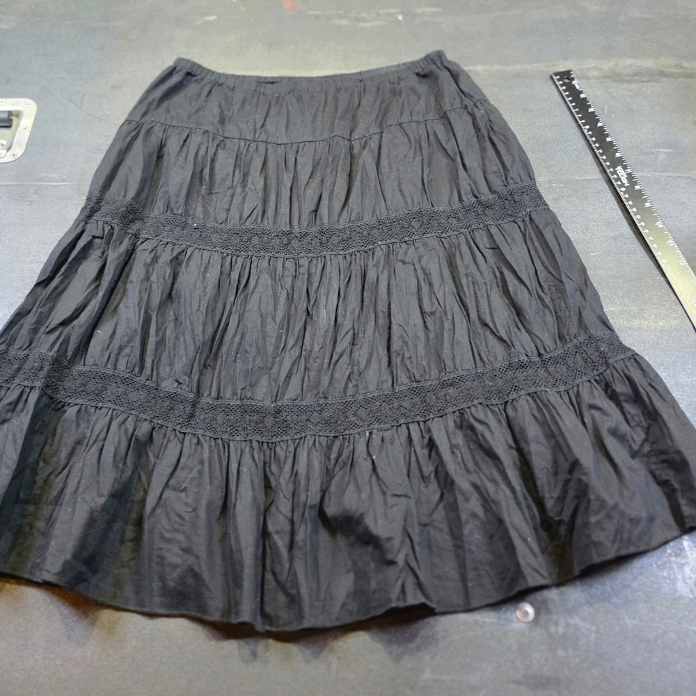 No Boundaries Black Cotton Tiered Peasant Skirt Crochet Lace Trim Junior M 7-9
